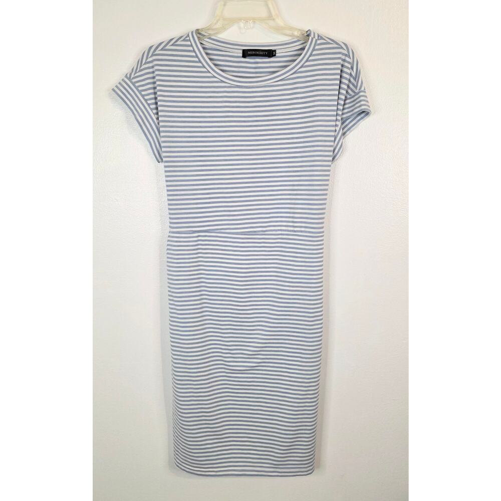 Merokeety Cap Sleeve Tie Back Dress Blue & White Stripes Women's Size M Pockets